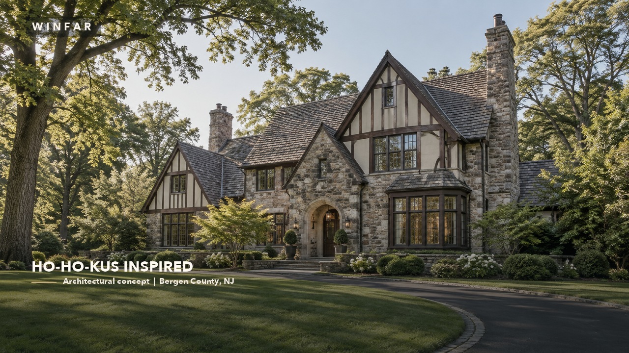 25-scene architectural concept film featuring Bergen and Hudson homes, waterfront and interior concepts, and a virtually staged owner-provided North Bergen photograph